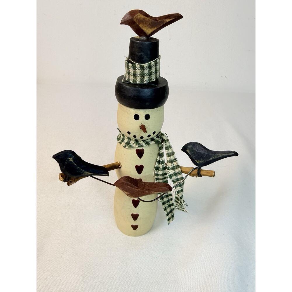 Primitive Folk Art Wooden Winter Snowman With Birds Christmas Decor